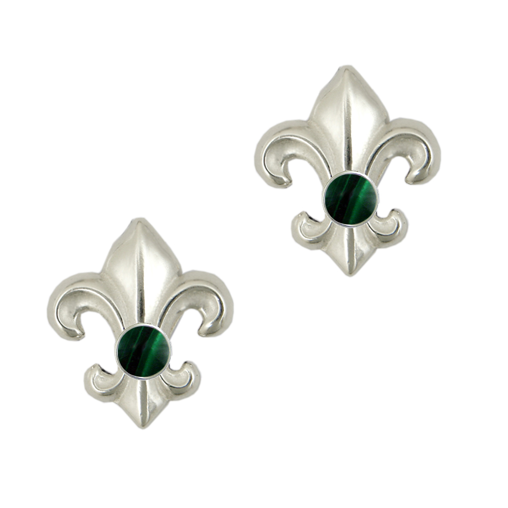 Sterling Silver And Malachite Fleur de Lis Post Stud Earrings